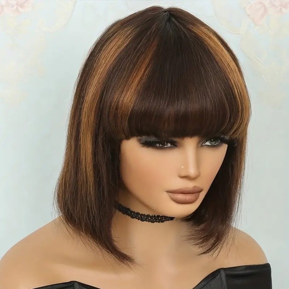 Golden Brown Brazilian Human Hair Short Bob Wig with Bangs in 8 Inches - Picture 4 of 5
